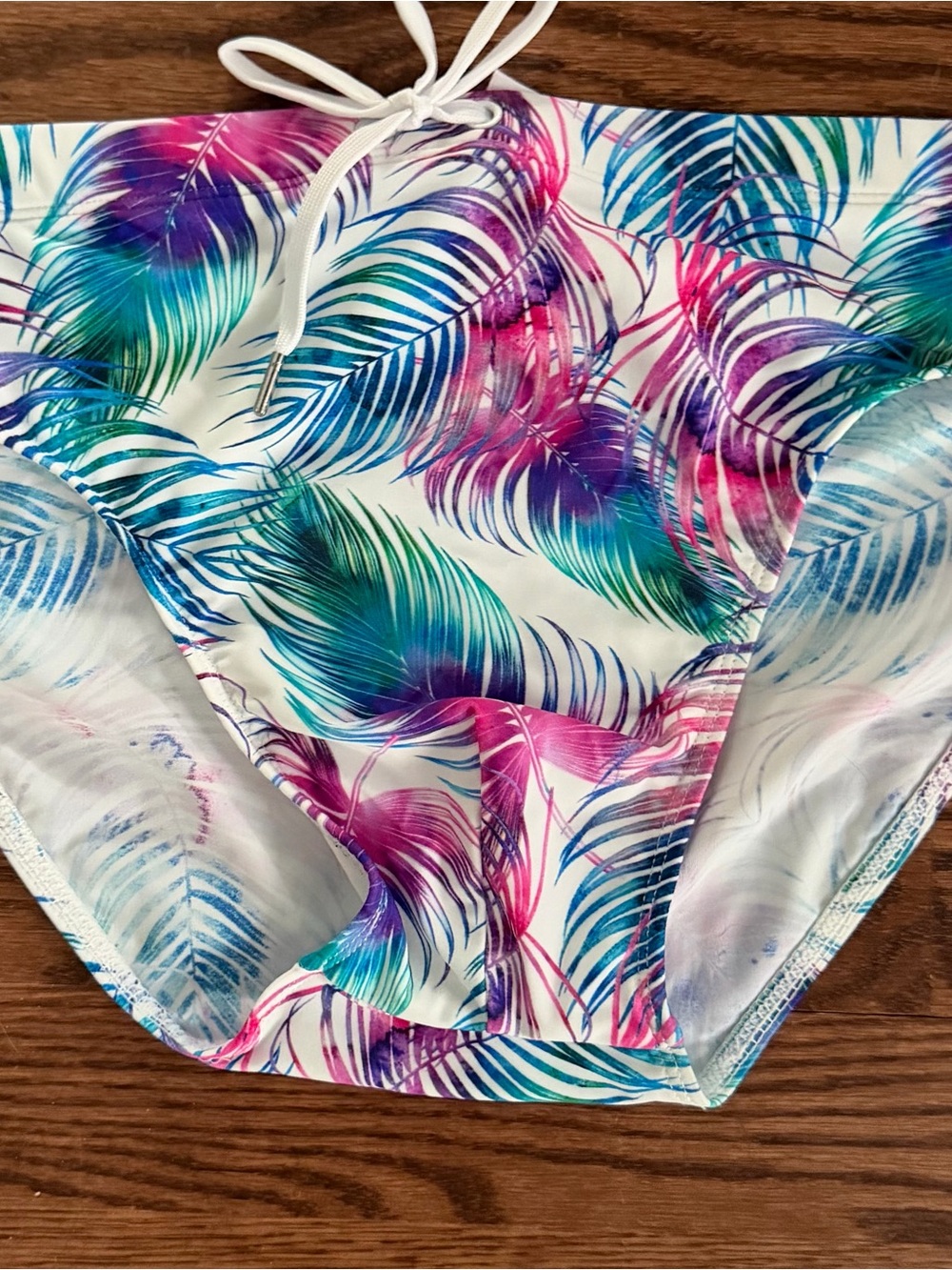 Men's Tropical Feather-Print Swim Briefs - White with Pink, Blue & Green